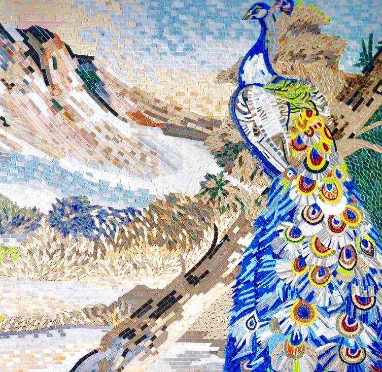 Majestic Serenity: Artistic Peacock Mosaic with Mountain View