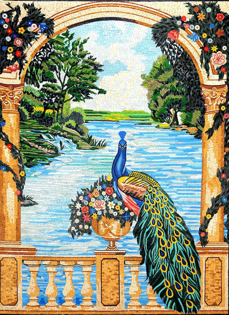 Opulent Majesty: Peacock Mosaic with Sea View