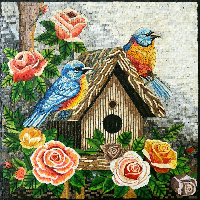 Harmonious Haven: Mosaic Stone Art of Birds at Home