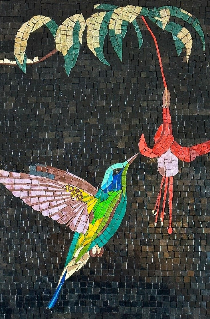 Vibrant Whispers: Colorful Hummingbirds Mosaic Art