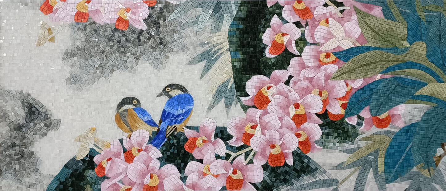 Flower And Birds Pattern Hand Cut Art Glass Mosaic