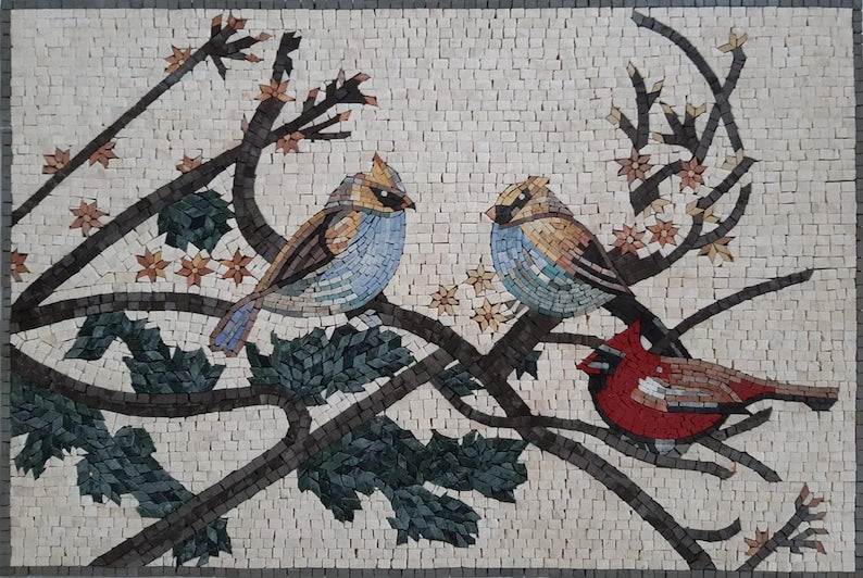 Birds Spring Tree Flowers Garden Art Marble Mosaic