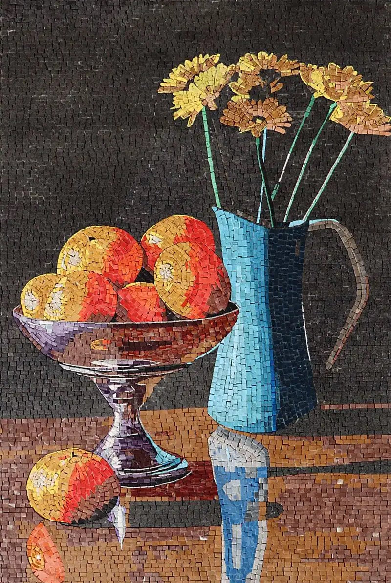 Vibrant Harvest: Orange Mosaic Fruit and Flower Scene