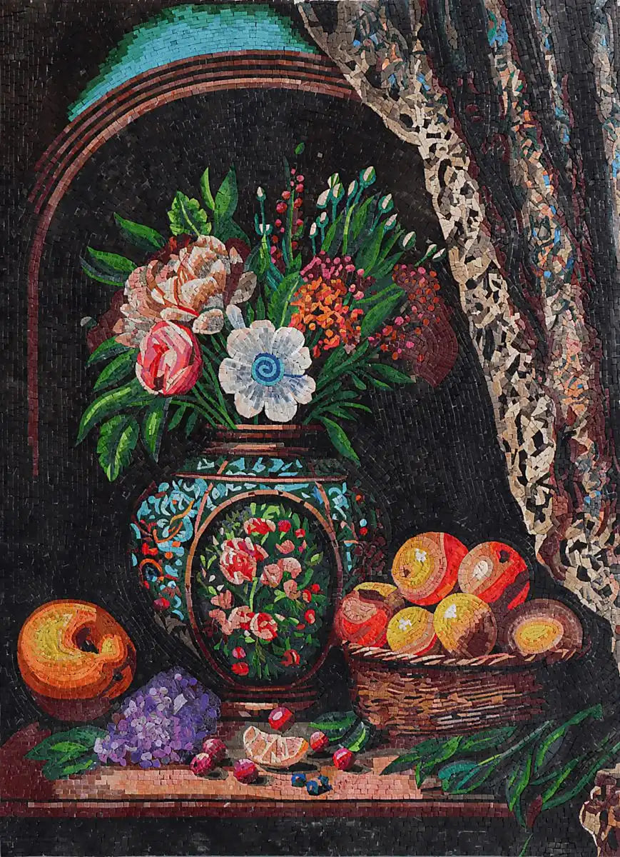 Life's Bounty: Antique Mosaic Arch with Flowers and Fruits