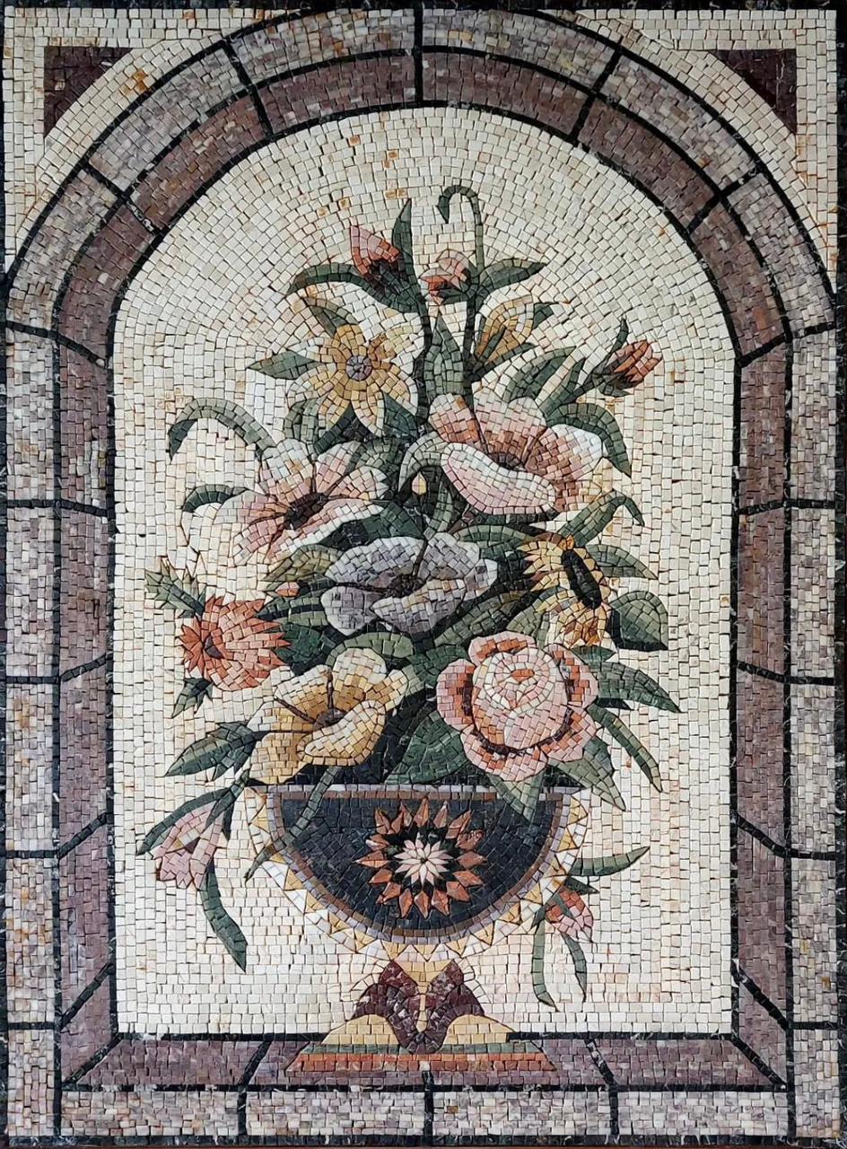 Antique Floral Vase: Stone Mosaic Art