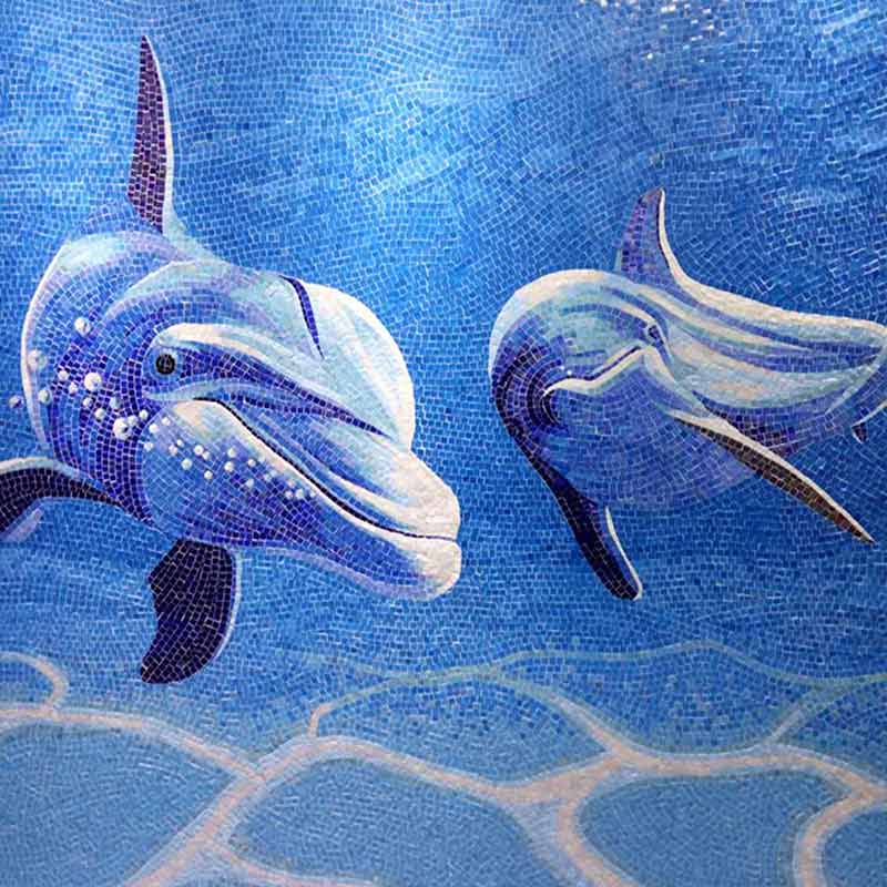 Playful Dolphins: Blue Water Mosaic Tile Art