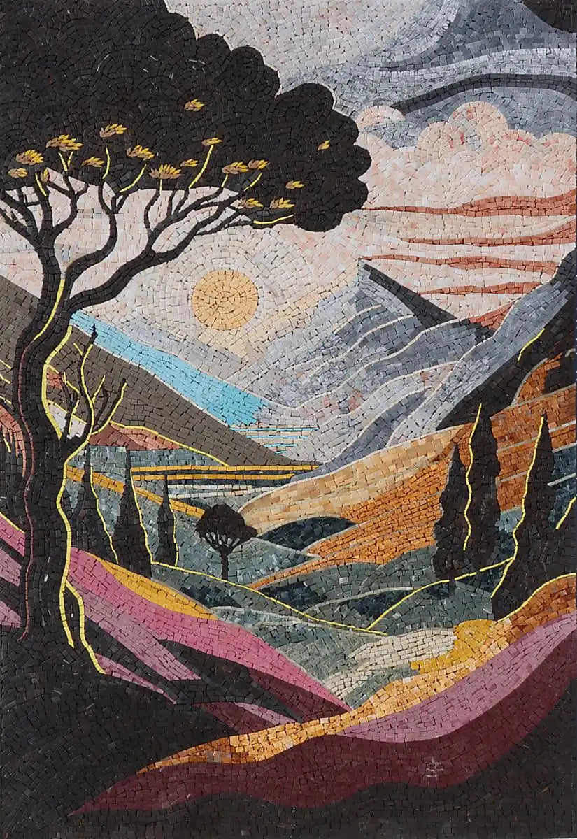 Mountain Sunset Bliss: Mosaic Design with Tree