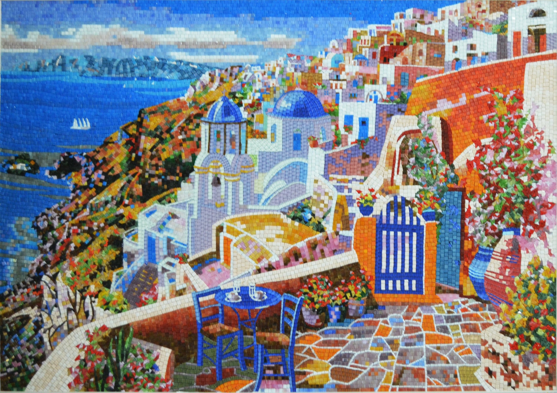 Santorini Island Glass Mosaic Tile Art