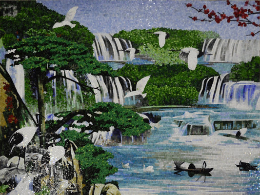 Forest Waterfall Glass Mosaic Tile Art