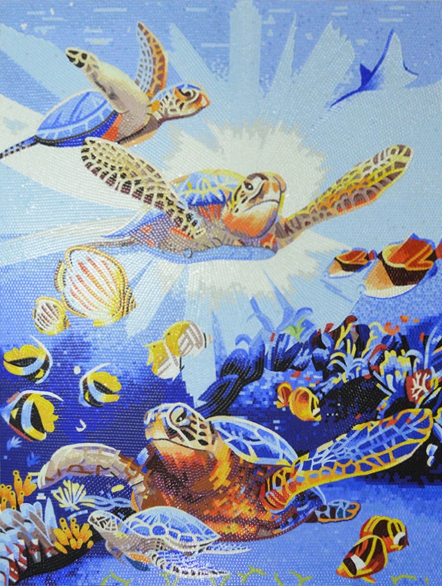 Sea Turtle Mosaic Scene Underwater Glass Art